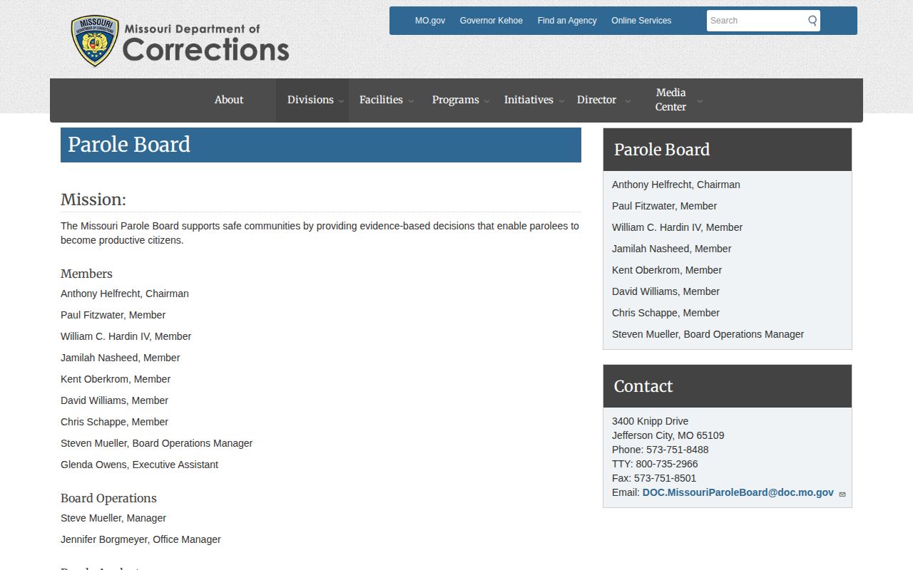 Clark County parole release decision contacts from the Missouri Parole Board