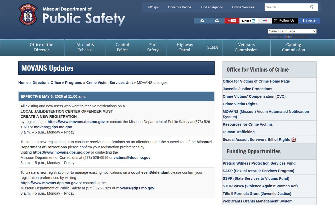 Clark County VINELink release check transition to MOVANS notifications